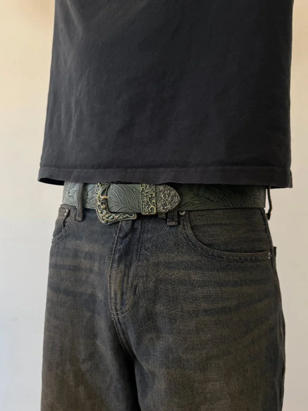 Olive Green Tooled Faux Leather Western Buckle Belt